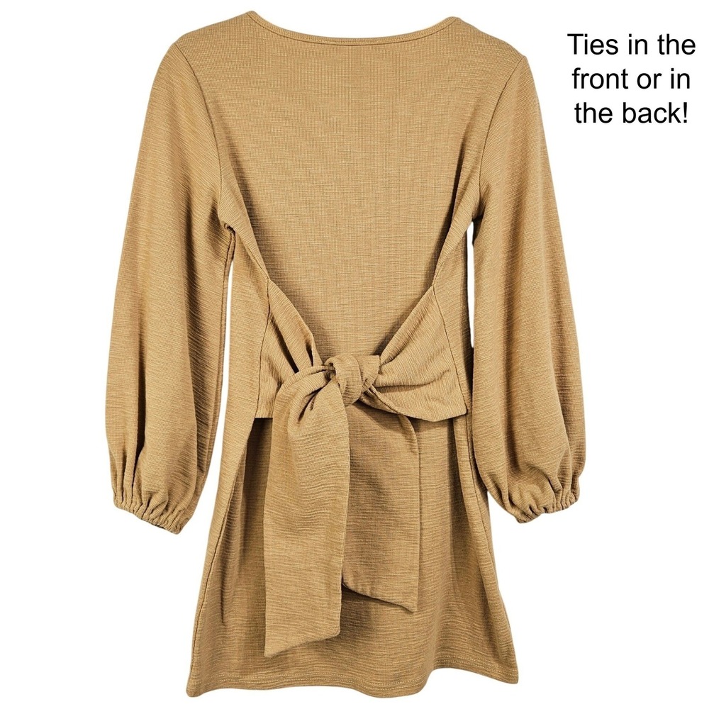 R Vivimos Tan Ribbed Lantern Sleeve Mini Dress S Boho Minimalist Neutral Cottage